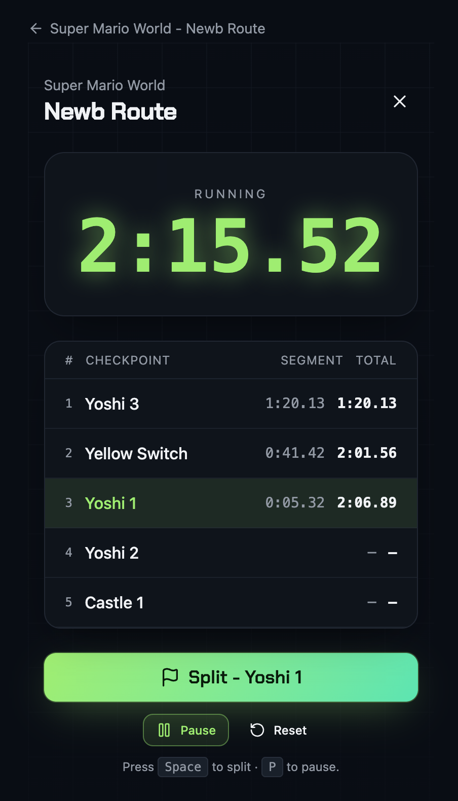 The run timer mid-run showing a large clock and per-checkpoint segment and total times.